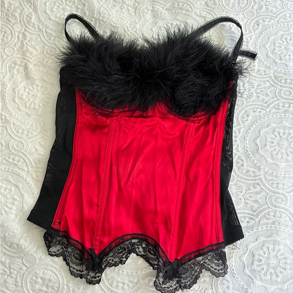 Vintage Corset Lingerie BlackRed Fur SZ 36